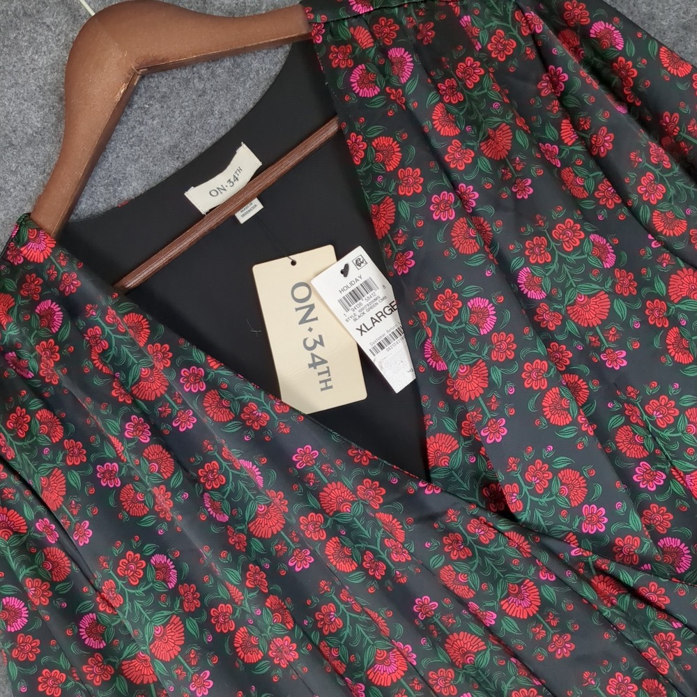 On 34th Womens Floral‎ Faux Wrap Midi Dress Black Green XL New